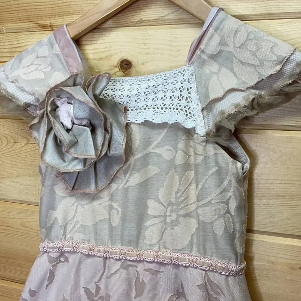 Handmade Prairie Renaissance Peasant Floral Ruffle Lace Tie Back Girls Dress 5/6